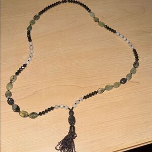 VINTAGE Long Beaded Stone Necklace Chain Tassle Rhinestone Necklace Drop NEW